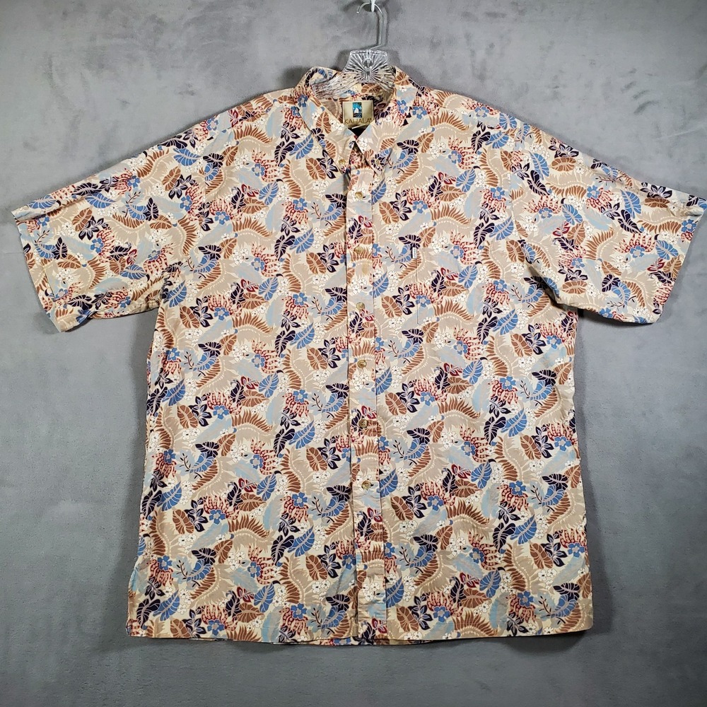 Kahala Hawaiian Shirt Mens XL Beige Blue Brown Floral Camp Aloha Cotton USA Made